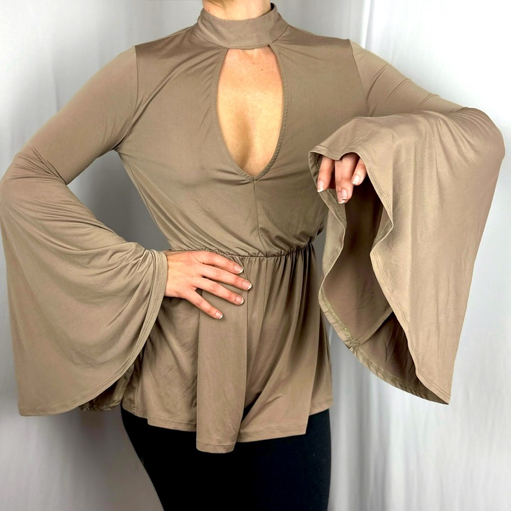 Tan Romper Bell bottom sleeve 70s party dress onesie jumpsuit catsuit shorts